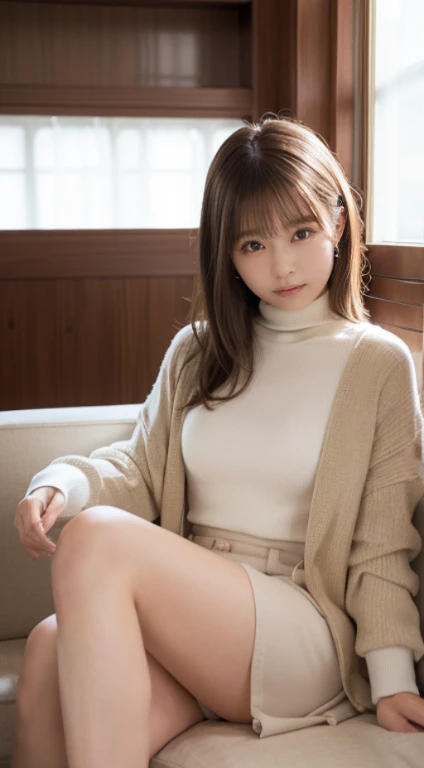 (フォトreal)、(Ultra-high realism)、(The Ultra-High Definition Eyes)、(Ultra high fine mesh)、(increase contrast)、(increase saturation)、 ( girl、small face、Extremely beautiful face, natural makeup)(fair skin)(sparkling eyes) beautiful woman with perfect figure、cute face、、(lifelike face)、short bob、hair behind ears、realな目、natural makeup、beautiful details、(Lifelike skin)、beautiful skin、Charm、Super - high quality、超real、real、Very fine、、bangs)、(White short coat)(inner、turtleneck、the presence of a hole in the chest、)knee high boots、Cute Idol of Japan、tartan check、)((Very short show pan)) brown hair、(stylish luxury hotel、hole)sofa、sofaに座る、beautiful cleavage、beautiful breasts、thin waist、big butt、thin thighs、cross your legs、Legs crossed、full body shot、Bold and exciting pose