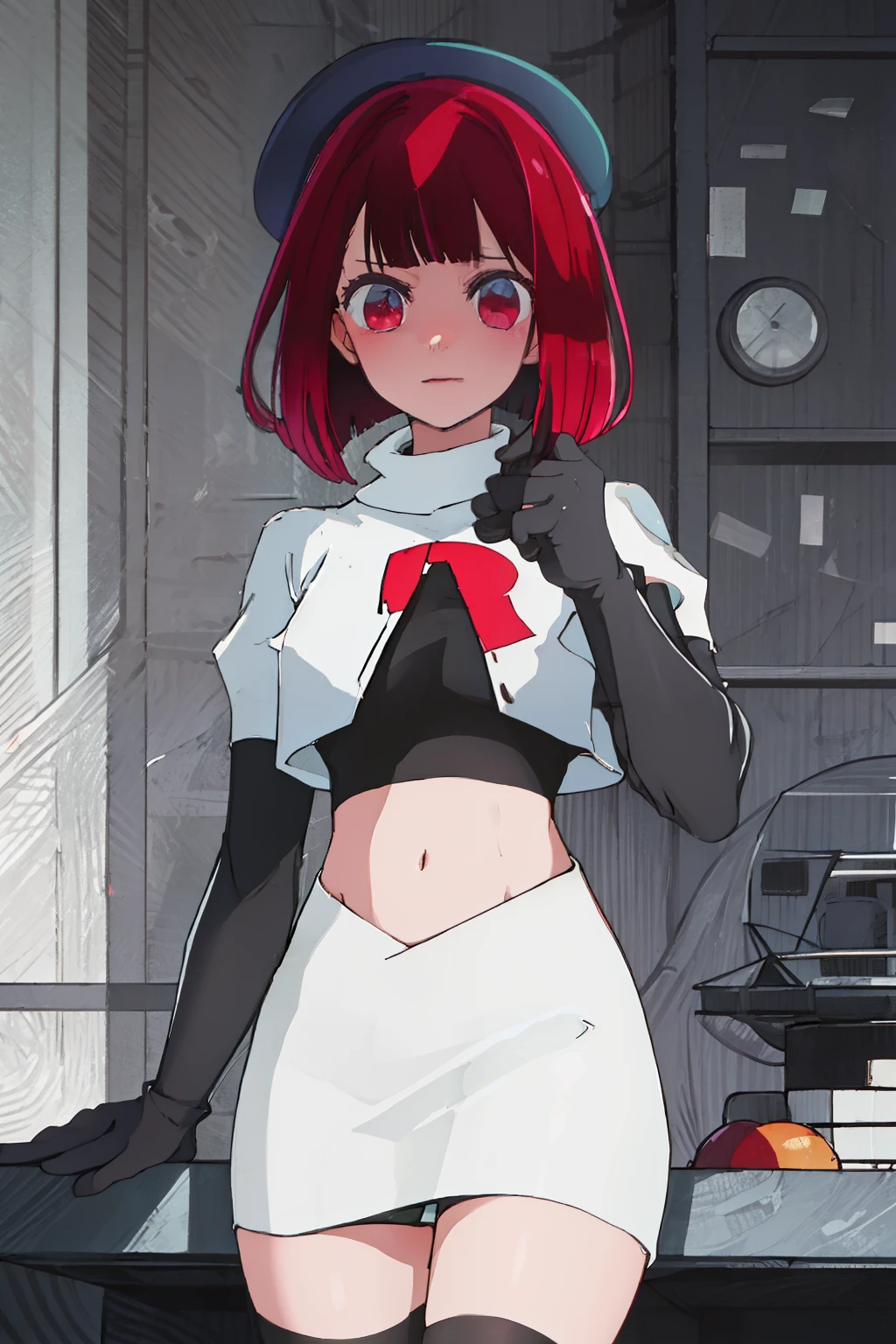 best quality, masterpiece, highres, solo, {arima_kana_oshinoko:1.15}, short_hair, bangs, red_hair, blunt_bangs, bout, red_eyes, hat, 1girl, black_headwear, beret, looking_at_viewer, team rocket,team rocket uniform, red letter R, white skirt,white crop top,black thigh-highs,black elbow gloves