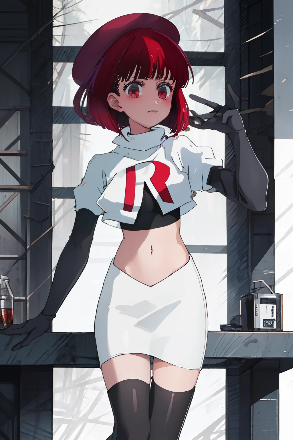 best quality, masterpiece, highres, solo, {arima_kana_oshinoko:1.15}, short_hair, bangs, red_hair, blunt_bangs, bout, red_eyes, hat, 1girl, black_headwear, beret, looking_at_viewer, team rocket,team rocket uniform, red letter R, white skirt,white crop top,black thigh-highs,black elbow gloves