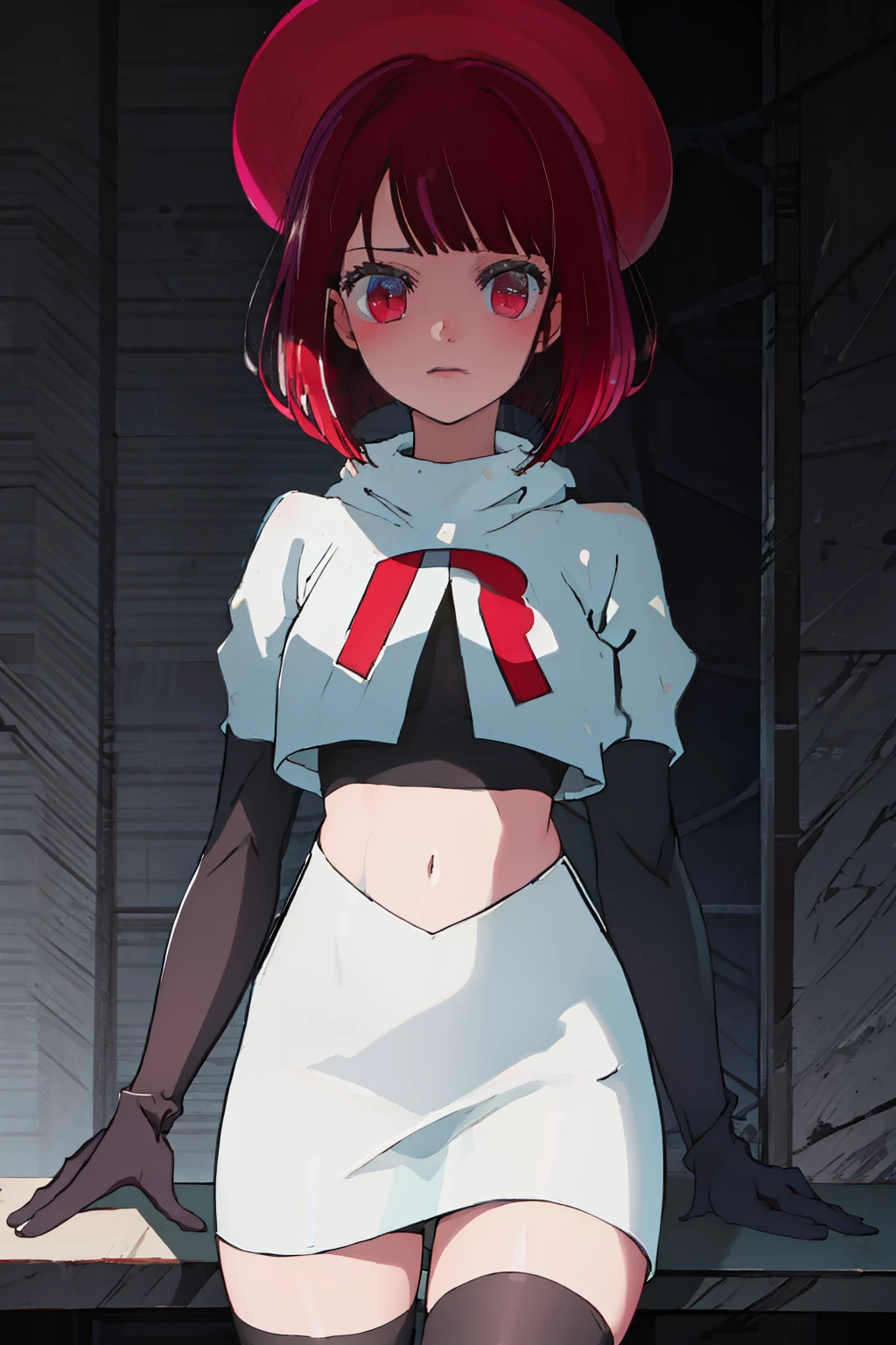 best quality, masterpiece, highres, solo, {arima_kana_oshinoko:1.15}, short_hair, bangs, red_hair, blunt_bangs, bout, red_eyes, hat, 1girl, black_headwear, beret, looking_at_viewer, team rocket,team rocket uniform, red letter R, white skirt,white crop top,black thigh-highs,black elbow gloves
