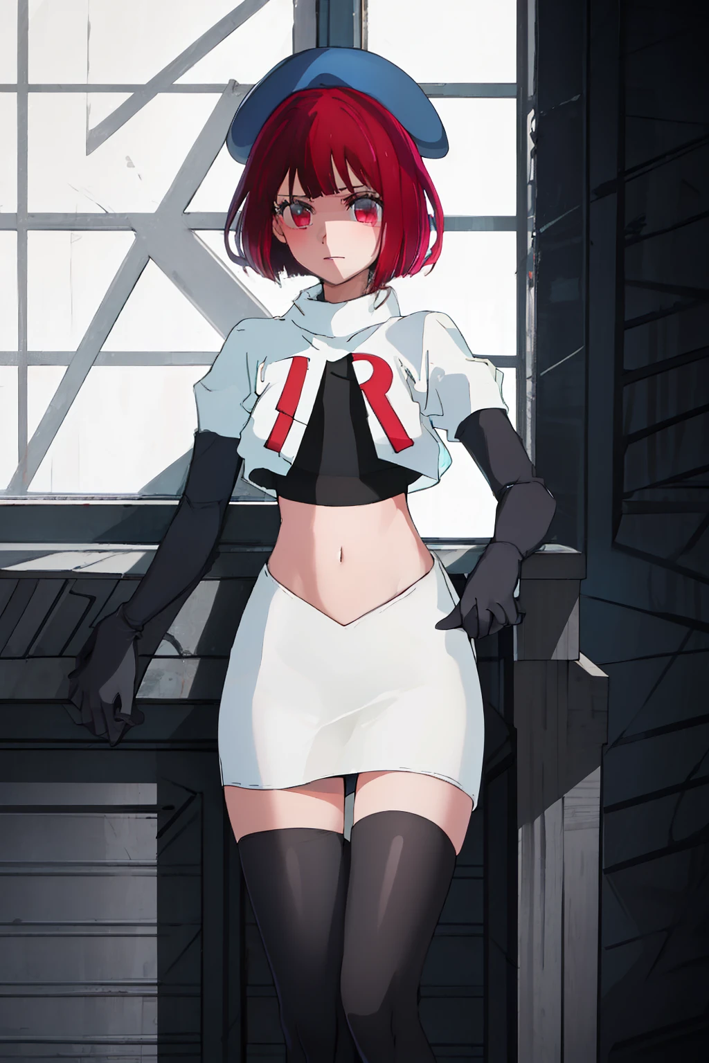 best quality, masterpiece, highres, solo, {arima_kana_oshinoko:1.15}, short_hair, bangs, red_hair, blunt_bangs, bout, red_eyes, hat, 1girl, black_headwear, beret, looking_at_viewer, team rocket,team rocket uniform, red letter R, white skirt,white crop top,black thigh-highs,black elbow gloves