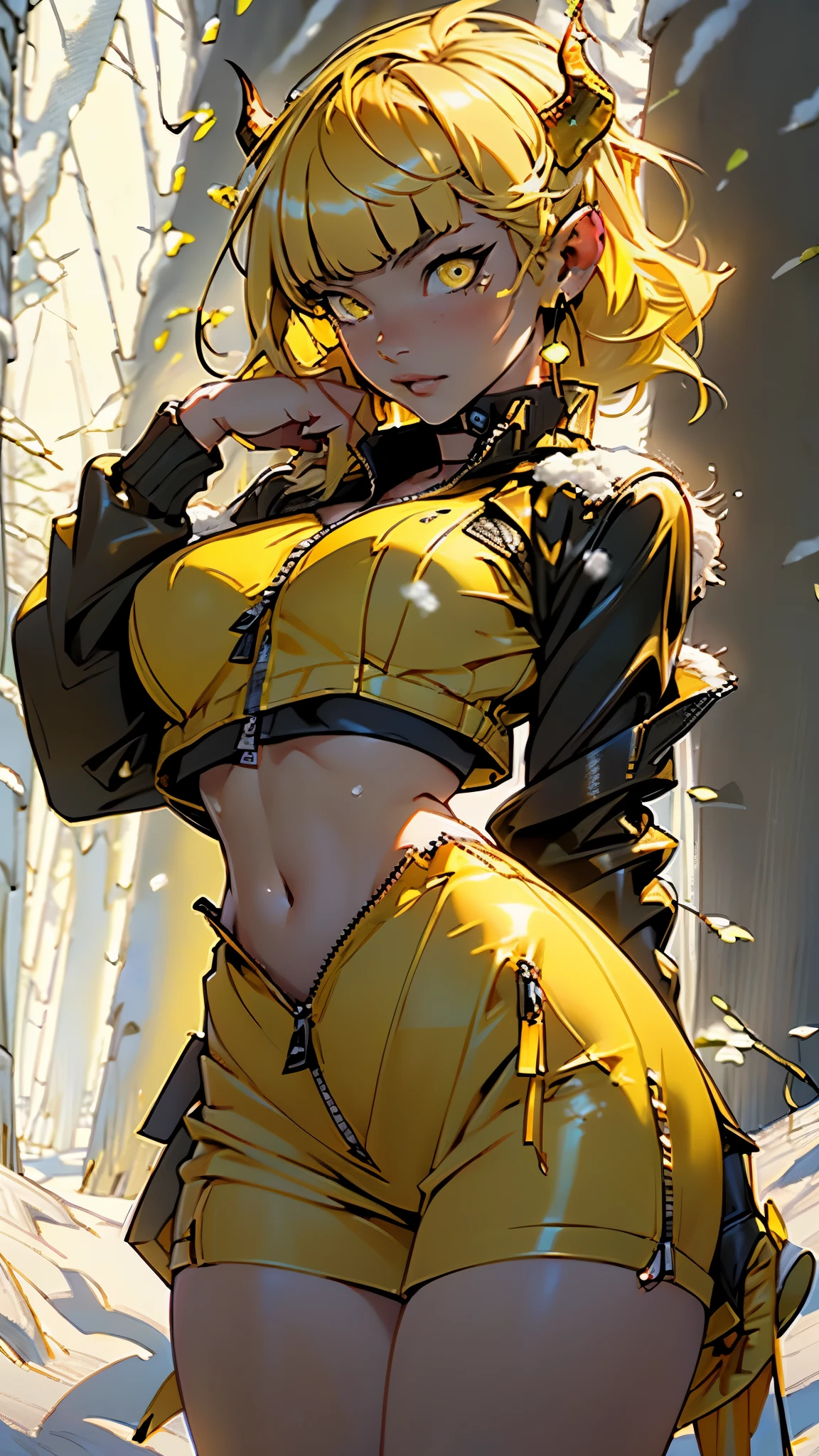 ((Demon girl,demon wings, yellow wings,demon horns)), 1 demon girl, girl,1girl,((extremely cute and beautiful demon yellow haired girl)),(large breasts:1.4),((((short yellow hair:1.35,bangs,colored inner hair,ear breathing)))),(((yellow_eyes:1.3))),intricate eyes,beautiful detailed eyes,symmetrical eyes,garnet eyes,((((lustrous skin:1.5,tanned skin,bright skin:1.5,skin tanned,shiny skin,very shiny skin,shiny body)))),(spider lower abdomen,narrow waist,wide hip,athletic body,inflated legs,thick thighs,detailed body,(detailed face)),((heart pupils:1.4, heart,hearts,heart marks)),

cute,slutty,seductive,erotic,(nsfw),

choker,latex,leather jacket,yellow shirt,leather short,(yellow theme:1.2),(yellow tone:1.2),black tone,((navel)),(((unzipped, open fly))),

(dynamic pose:1.0),(grin:0.6),provocative,(centered,scale to fit dimensions,Rule of thirds),

((snowy yellow cherry forest:1.5)),winter,scenery:1.25,((intricate scenery)),((snow forest background)),Christmas tree,

(Glossy winter ornaments),highres,sharp focus,(ultra detailed,extremely detailed),(photorealistic artwork:1.37),(extremely detailed CG unity 8k wallpaper),(((vibrant colors,vibrant theme))),(intricate),(masterpiece),(best quality),
