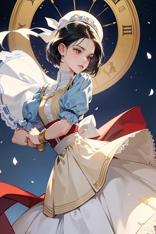 Snow White's short black hair is styled in a bob and parted in the middle. She wear a dress consists of a navy blue bodice with gold piping down the center and along the waistline, a high white collar, pale yellow skirt and white, lace-edged petticoat that stop at her ankles. Her short, puffed sleeves are a lighter blue color than her bodice, and the red cloth poking through exemplified the "slashing" design, which was very fashionable during the Renaissance era. It involved cutting the cloth outside the outfit and pulling through another layer of cloth from underneath. Both sleeves have gold cuffs that match the piping on her bodice. She also wears tan pumps decorated with white bows. In the film and most of the franchise, she also wears a maroon cape with red lining