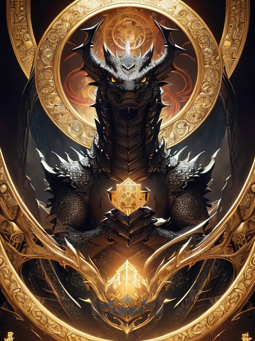 ((masterpiece、highest quality、Super detailed、High resolution、realistic、sharp focus、cinematic lighting))、((there are no humans、black dragon in the cave))、official art、Tarot card illustration、Mucha'Impact of、fractal、Geometric pattern、victorian style frames、Encrusted with seven colored crystals