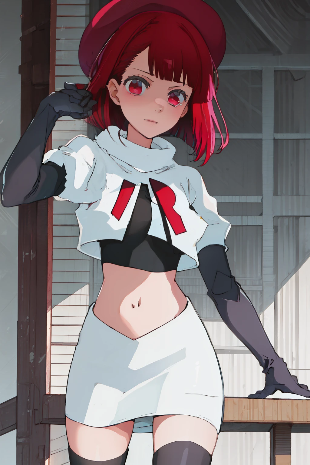 best quality, masterpiece, highres, solo, {arima_kana_oshinoko:1.15}, short_hair, bangs, red_hair, blunt_bangs, bout, red_eyes, hat, 1girl, black_headwear, beret, looking_at_viewer, team rocket,team rocket uniform, red letter R, white skirt,white crop top,black thigh-highs,black elbow gloves