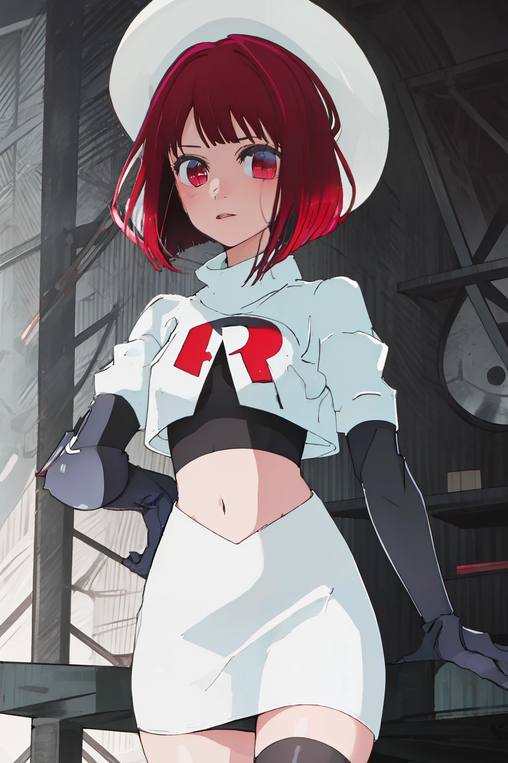 best quality, masterpiece, highres, solo, {arima_kana_oshinoko:1.15}, short_hair, bangs, red_hair, blunt_bangs, bout, red_eyes, hat, 1girl, black_headwear, beret, looking_at_viewer, team rocket,team rocket uniform, red letter R, white skirt,white crop top,black thigh-highs,black elbow gloves