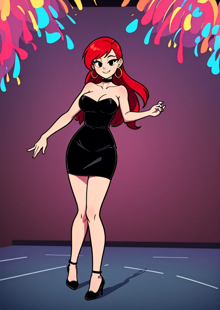 solo, 1 girl, long red hair, medium straight hair, black eyes, little black dress, bare shoulders, strapless, hoop earrings, black choker, high heels, abstract background, looking at viewer, smile, big breasts, nightclubs, dance floor, high quality, standing up, high resolution.