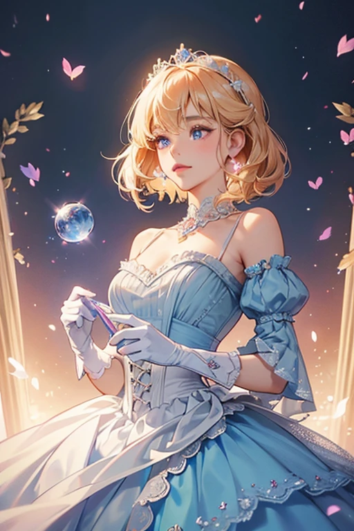 Cinderella's hair is a beautiful strawberry-blonde and medium-length with soft bangs. Her skin is fair and flawless, and she has pink lips, and blue eyes. Her dress is a sparkling light cornflower bluish-gray ball gown with a low-cut neckline, pale cornflower blue bustle, white-capped sleeves, white armpit length opera gloves, a delicate laced white petticoat and glass slippers topped with sparkly hearts.