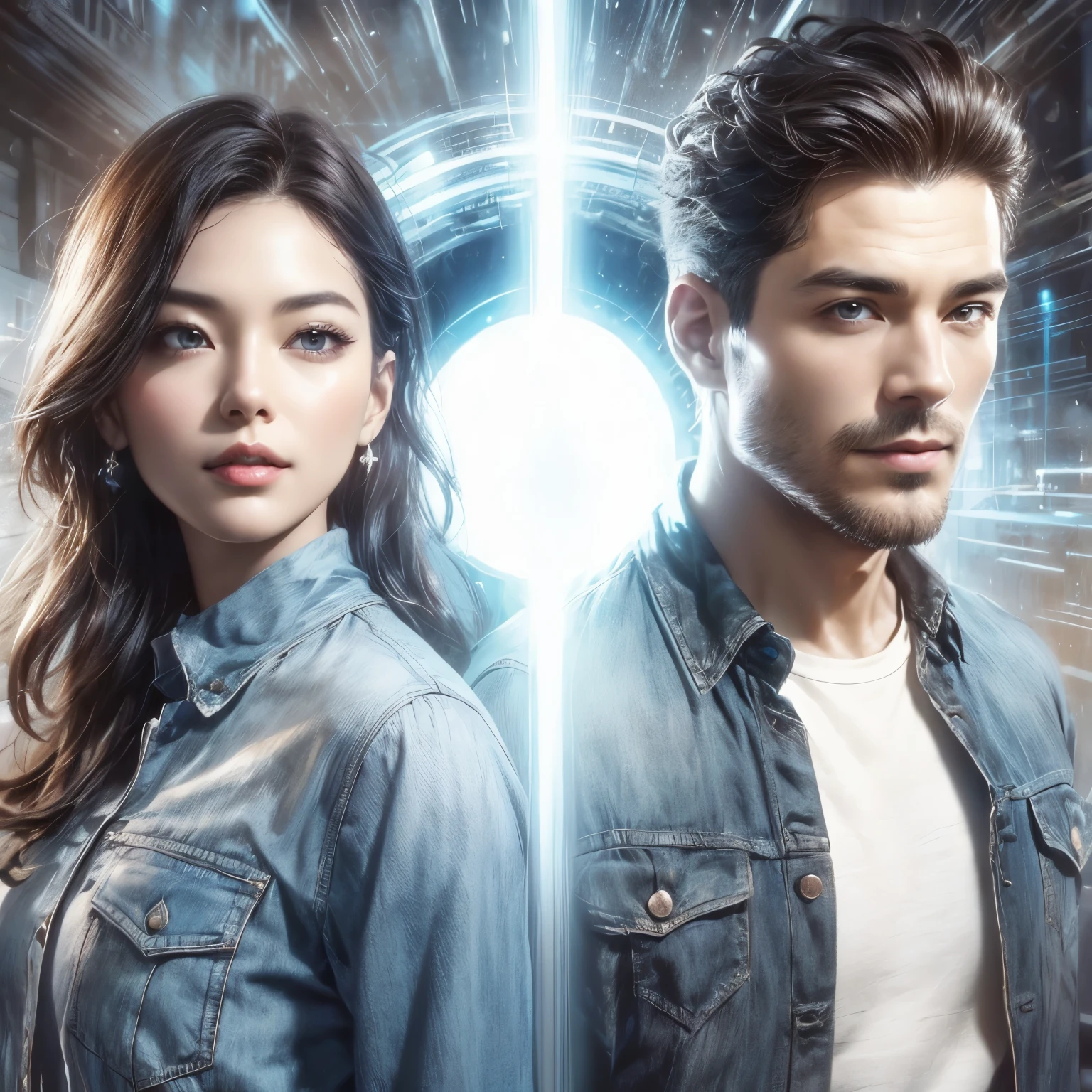 two beautiful men and women。Men have short black hair。woman has dark brown hair。Behind the two of them, a gate of shining bluish-white light appears that leads to another dimension.。
