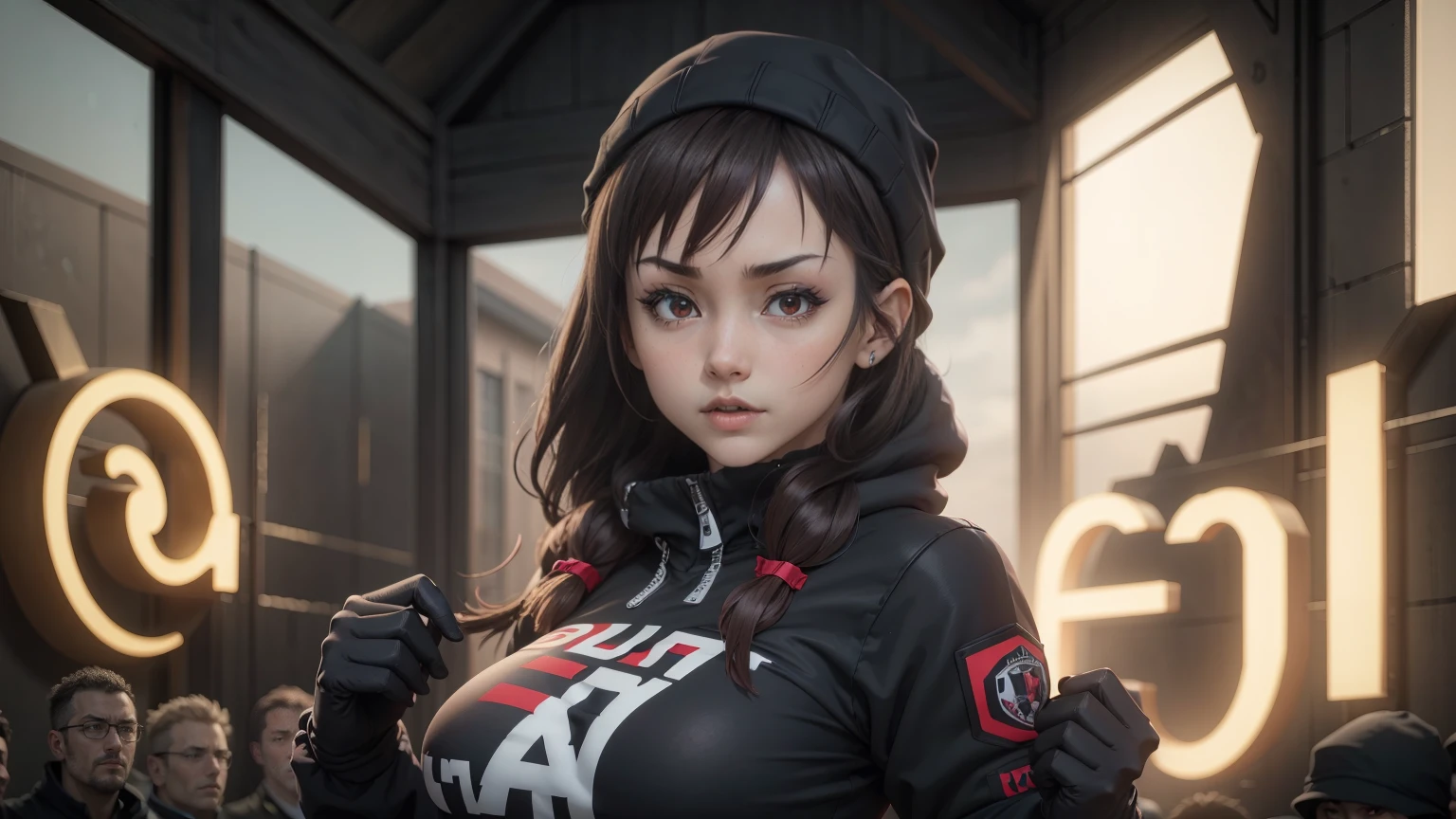 4K, 1girl, YunYun, Red Eyes, big breasts, Big Boobs, Full Body, Perfect Eyes, Dark Hair, Roadman UK, wearing a ski mask, wearing a drip jacket, realistic, wearing black gloves, surrounded by roadmen, badass poses,6 people,all posing for the camera, shadow,close up of 6 people, sturdy, plano general, camara alejada