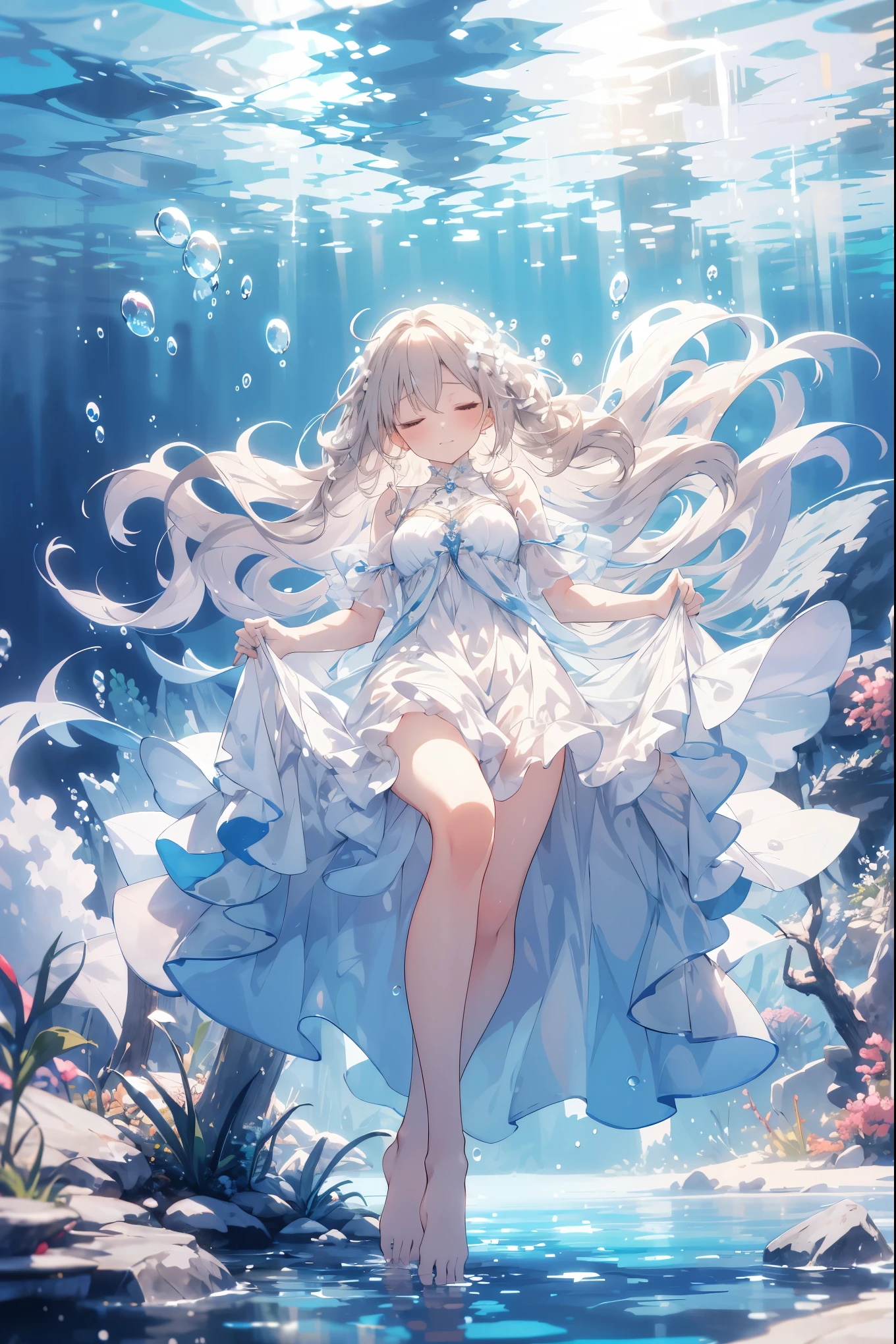 an artwork of a woman in white dress and flowing white hair under water, 1girl, dress, underwater, solo, long hair, closed eyes, brown hair, air bubble, barefoot, bubble