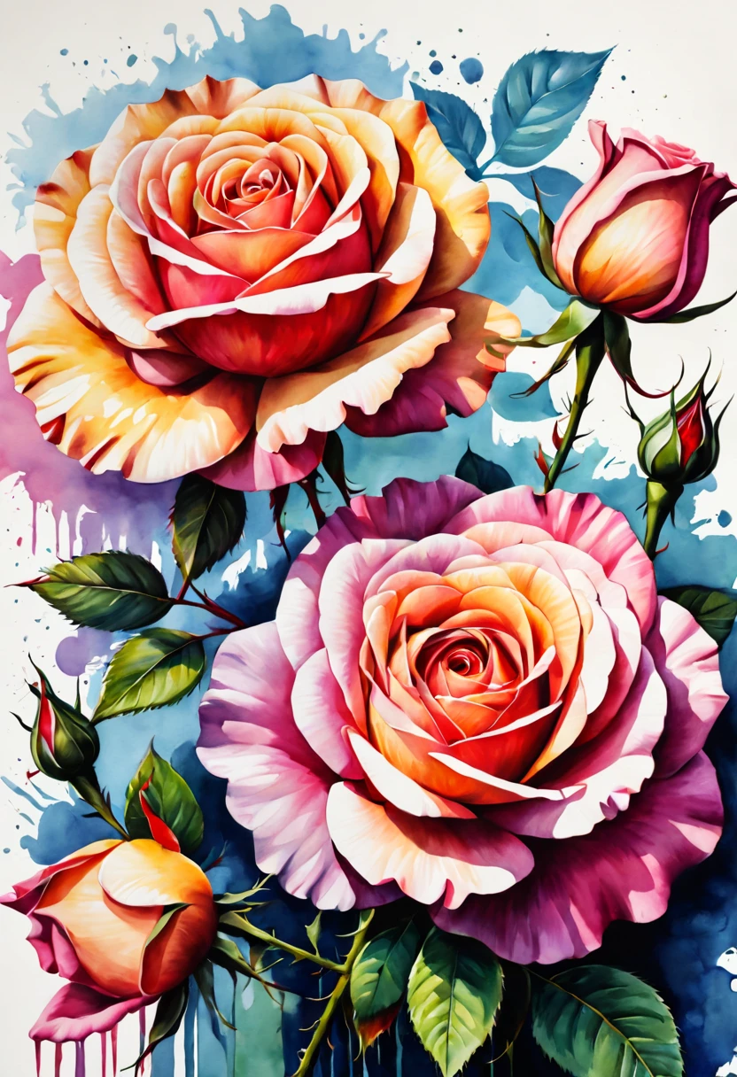 watercolor pop art, rose flowers, detailed art , realistic painting