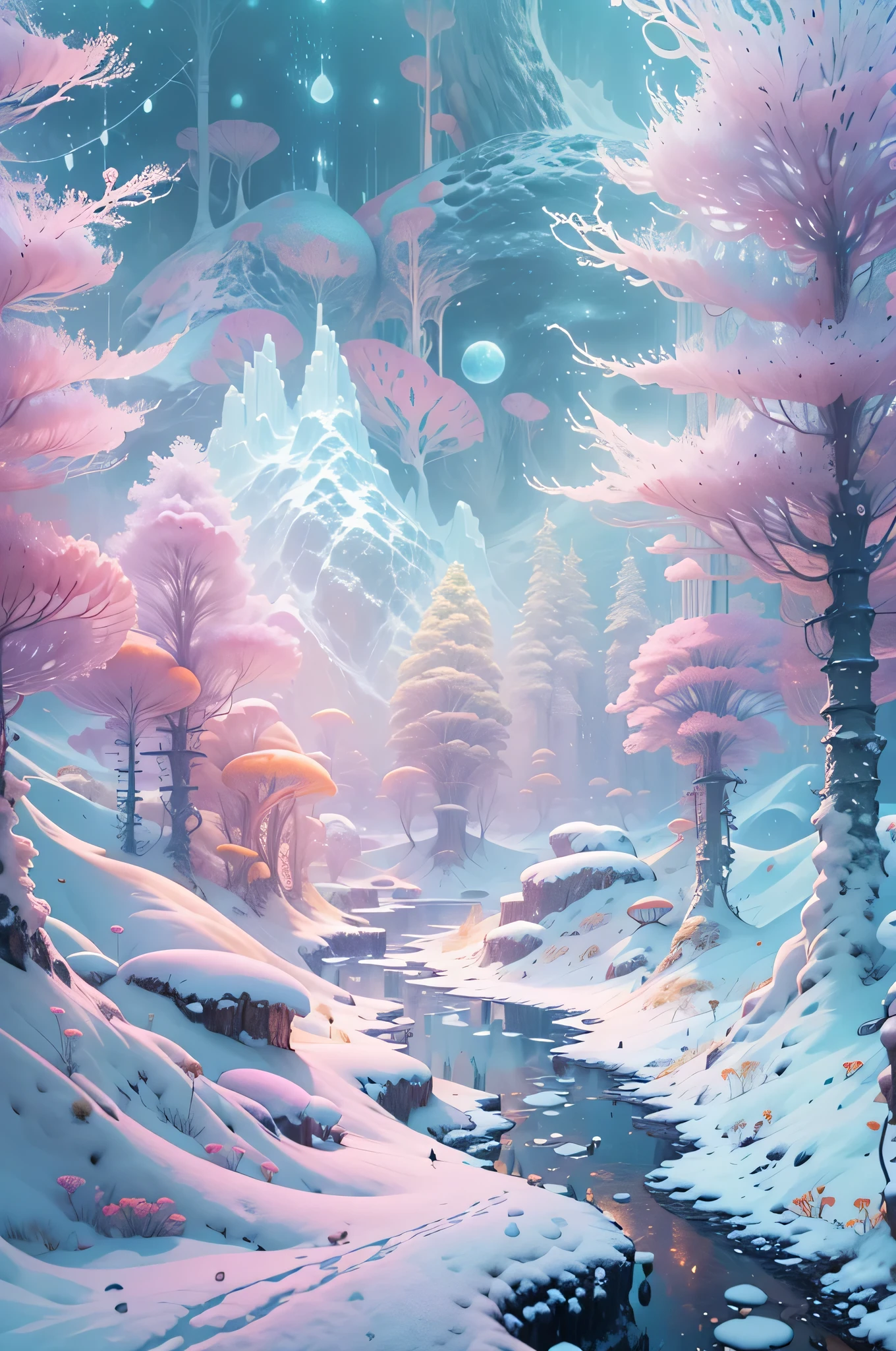 (Best quality at best, 8K, A high resolution, tmasterpiece:1.2), ultra - detailed, (actual, realistically, realistically:1.37), Vibrant colors, magical ambiance, Whimsical, ((pure、White snow,Like the elves dancing between heaven and earth;The shining light embellishes the whole world into a diamond-like wonder.;mountain peaks、the woods、The creeks and villages are covered with snow,It forms a magnificent picture)), Surreal, Dreamy, Complicated details, Beautiful texture, Ethereal, like a dream, soft luminescent glow, Charming Patterns, Hidden surprises, Fantastic snowscape, Surreal color palette, Mystic aura, ultra-realistic realism, Enchanting journey, psychedelic trip, vivid imagination, immersive experience, otherworldly charm, glowing paths, Lighting up the snow in the arctic forest, surreal sky, whimsical white scenery,, A magical encounter in the snow, Charming snow art