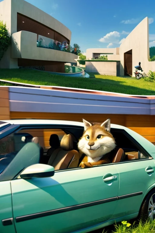 The world of the near future, the house is floating in the air, car floating in the air, Zootopia-like animals live like humans, Wide world,