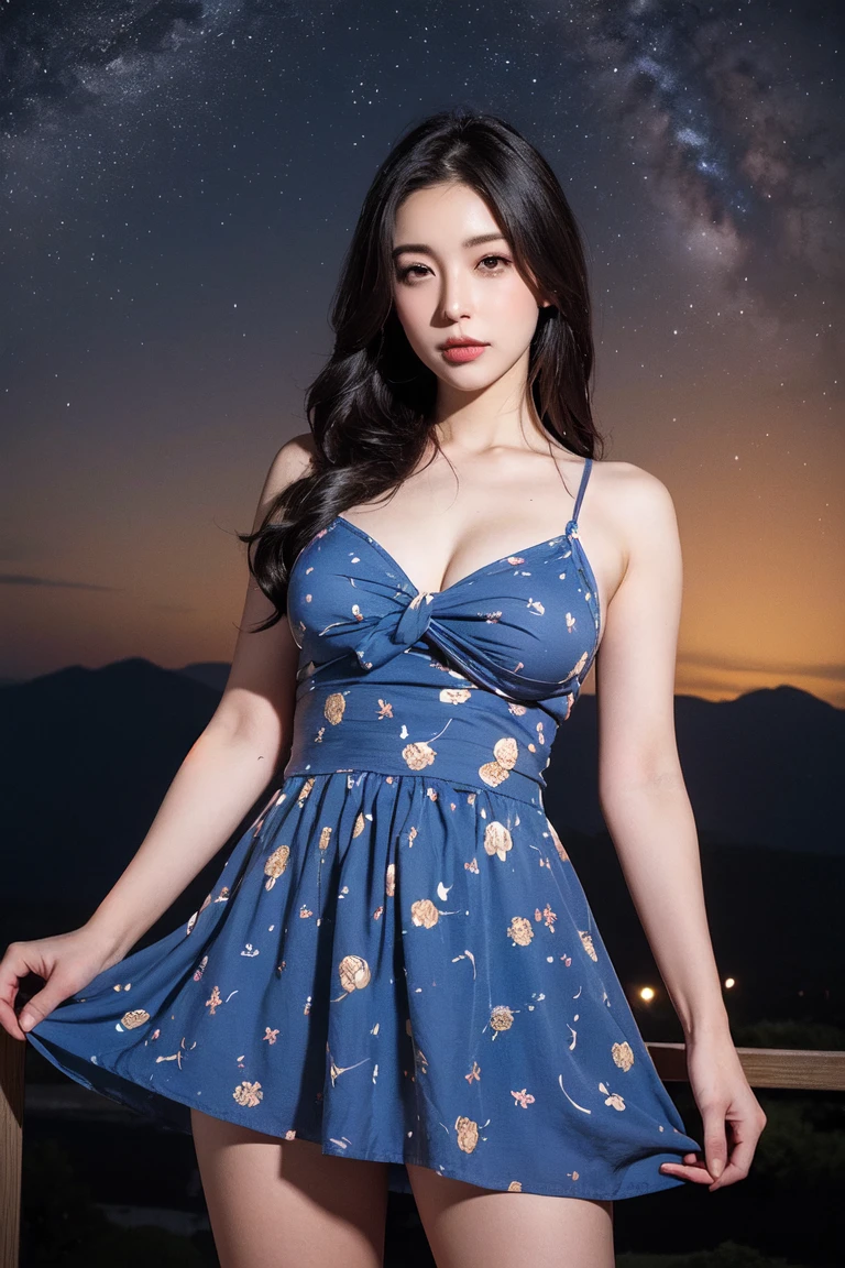 highest quality, master piece, realistic, High resolution, 8k raw photo, 1 girl, NSFW、medium long hair、headband decorated with stars、((glamor body:1.3))、(Blue casual dress with space and stars printed on it、Golden edging)、(((Sassy pose)))、(A hill with a view of the night sky)、(UFO in the starry sky:1.2）