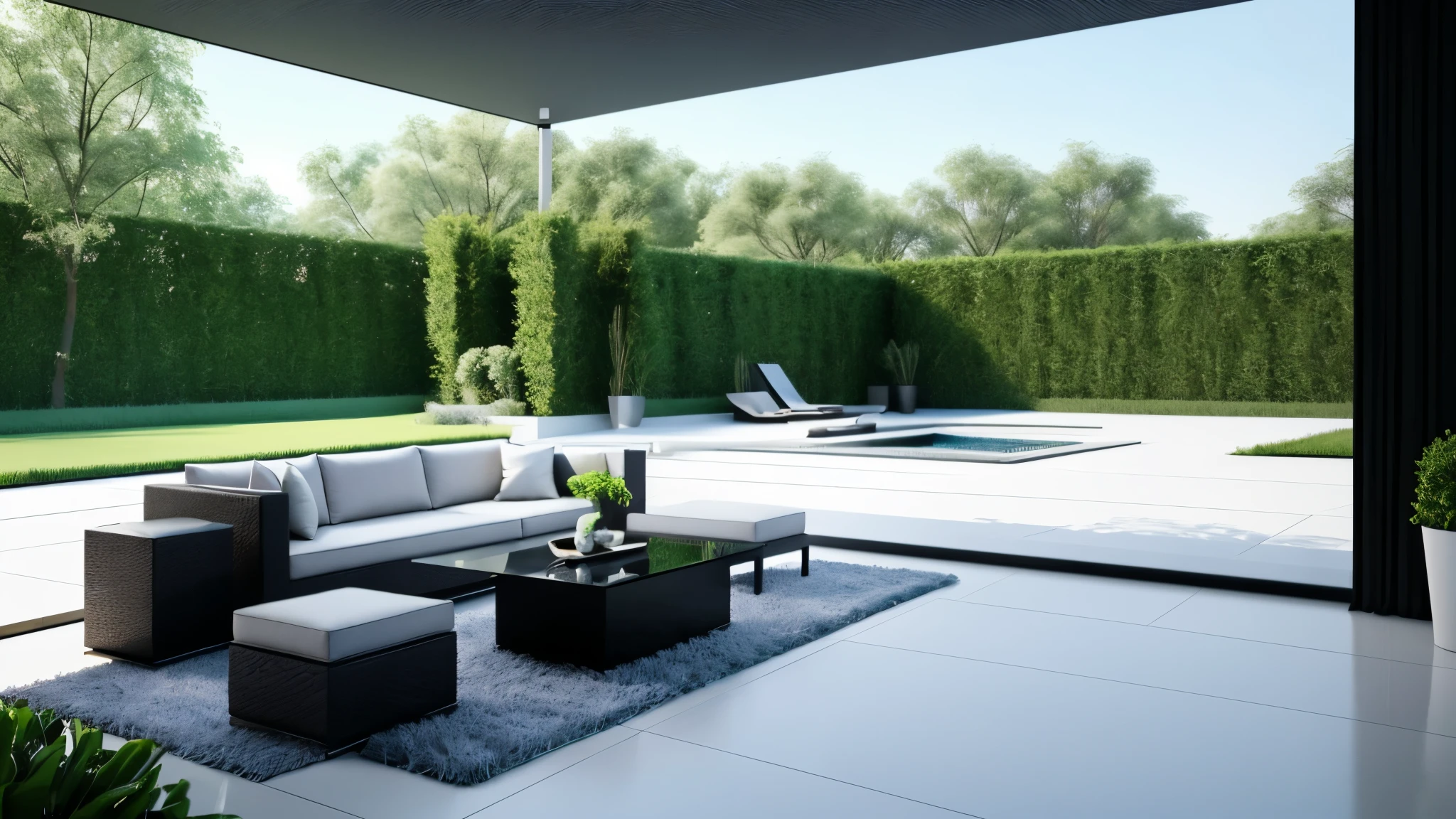 You are a famous interior designer、You have been asked to create a 3D image of a modern large room. Create a harmonious environment with modern and minimalist furniture. Including garden interior.