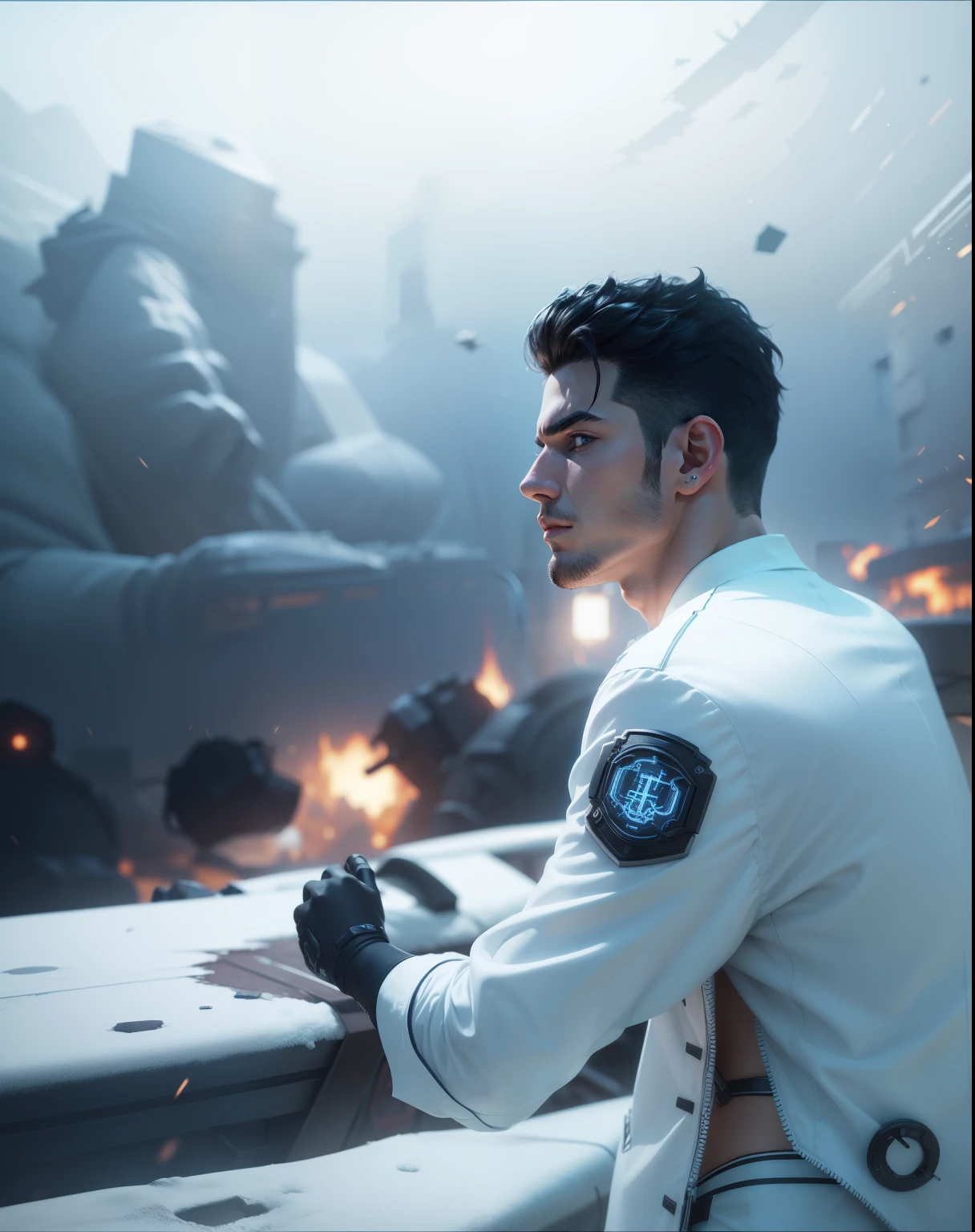 Change background, cyperpunk, handsome boy, realistic face,8k, ultra realistic,white clothes,standing on ships,black hair