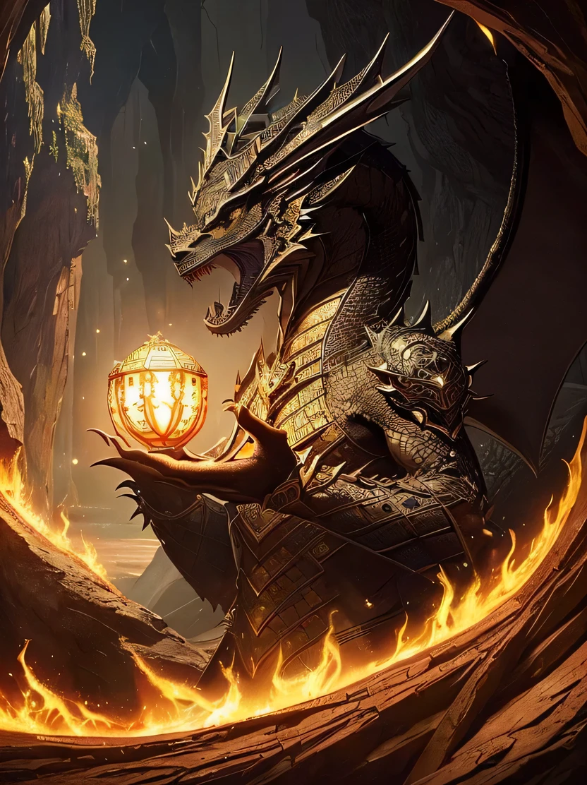 ((masterpiece、highest quality、Super detailed、High resolution、realistic、sharp focus、cinematic lighting))、((there are no humans、black dragon in the cave))、official art、Tarot card illustration、Mucha&#39;Impact of、fractal、Geometric pattern、victorian style frames、Encrusted with seven colored crystals