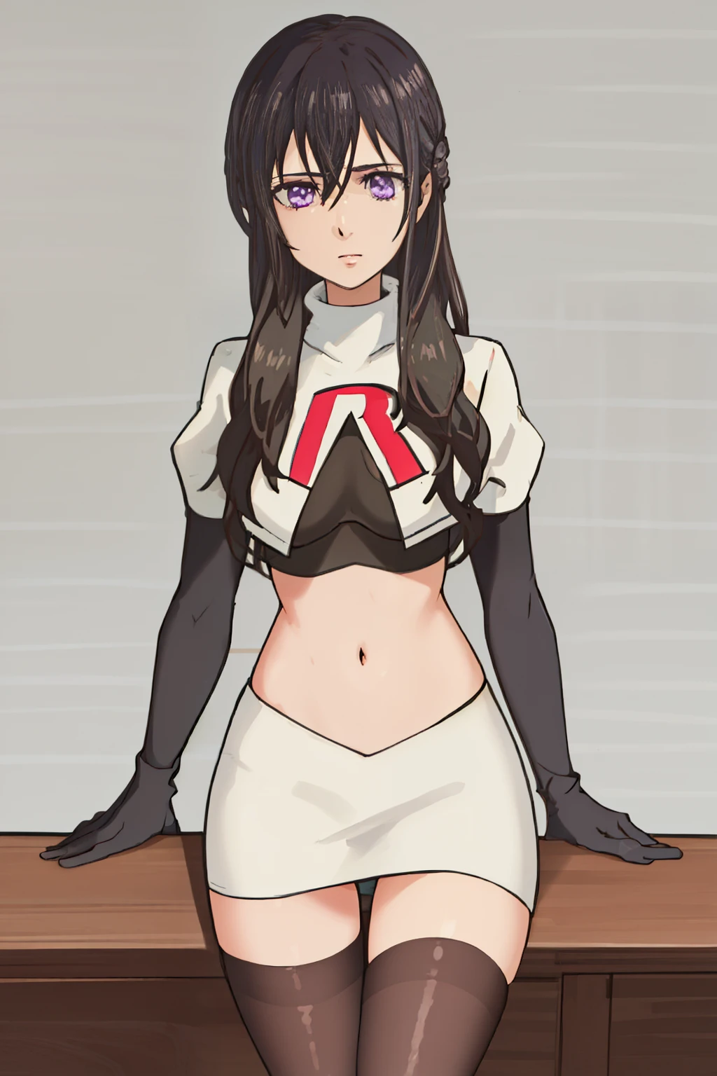 best quality, masterpiece, highres, solo, {aihara_mei_citrus:1.15}, black_hair, long_hair, purple_eyes, hair_between_eyes, 1girl, looking_at_viewer, team rocket,team rocket uniform, red letter R, white skirt,white crop top,black thigh-highs,black elbow gloves