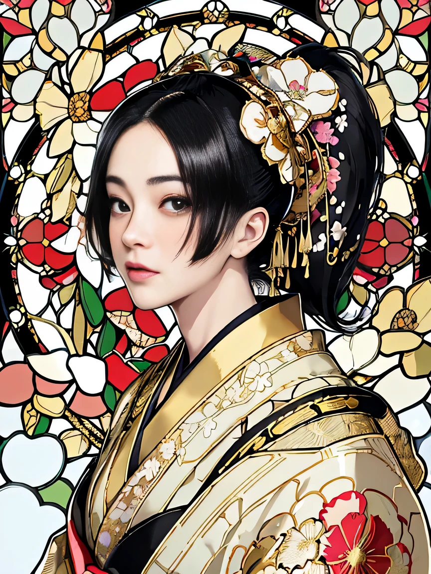 Rococo,Background of details(cheese:1.1(Stained glass:1.1)),break,elaborate costumes(luxury kimono(colorful kimono(fine embroidery(Gold floral pattern)))),break,1 female(Beautiful and elegant woman(japanese actress:1.2)(glossy black hair(ponytail:1.2))), Blake Wallpaper 16K,blur the background, (highest quality:1.5),(portrait photography:1.5),Full body Esbian