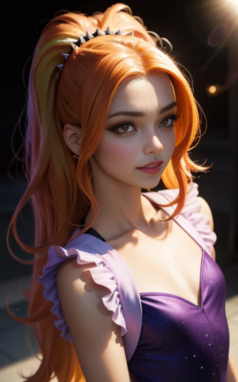 (La mejor calidad, Obra maestra), 1girl, 19 year old ,galaxia, brillar, vestido, Particle, viento, Flor, Parte superior del cuerpo, fondo oscuro, Mirando al espectador, cabello largo , vestido ligero de verano , vestido ligero , maquillaje , labios rojos , sombra de ojos , hermosa sonrisa , fondo variado , senos grandes , cabello dorado , foto de cuerpo completo , posando linda ,