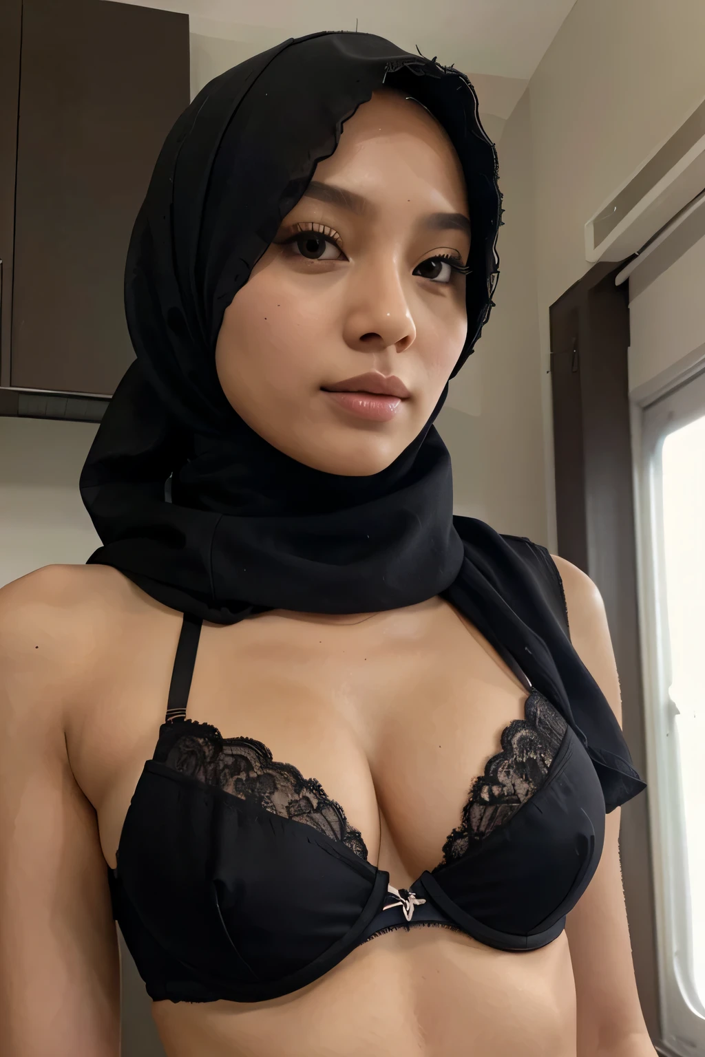 malaysian hijab, upper body close up, small boobs, petite, bra, lingerie