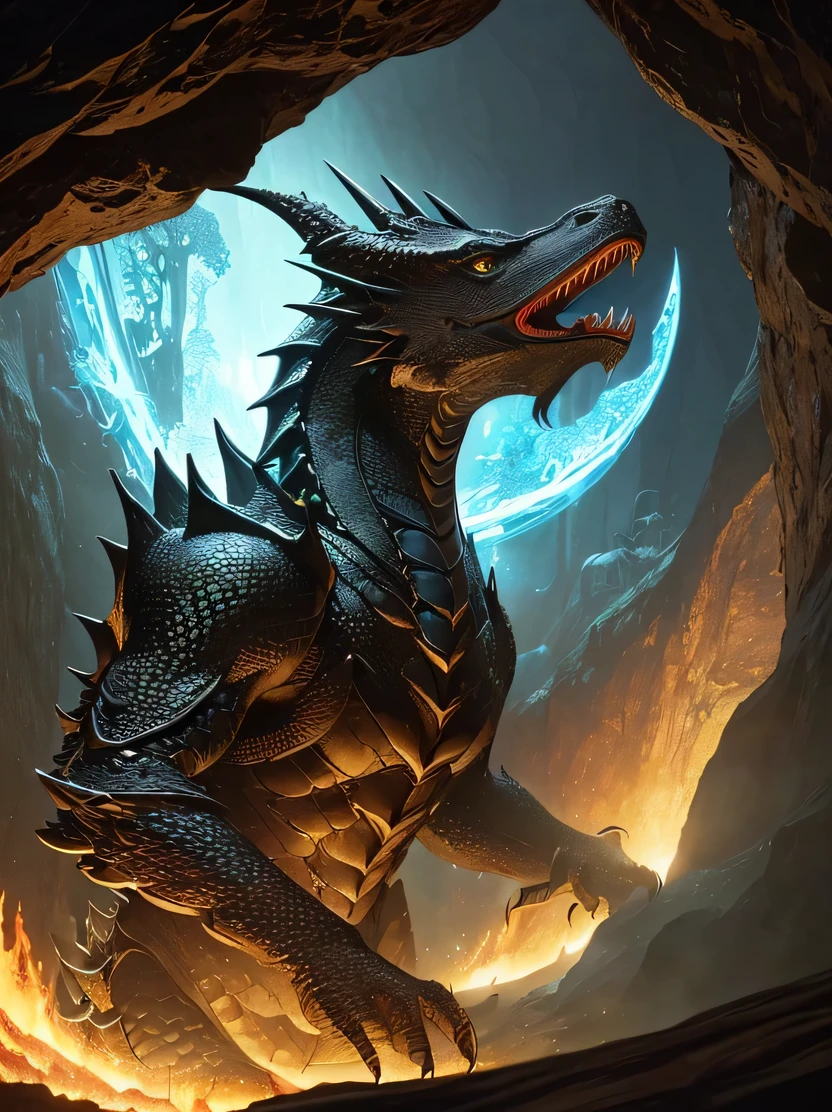 ((masterpiece、highest quality、Super detailed、High resolution、realistic、sharp focus、cinematic lighting))、((there are no humans、black dragon in the cave))、official art、Tarot card illustration、Mucha'Impact of、fractal、Geometric pattern、victorian style frames、Encrusted with seven colored crystals