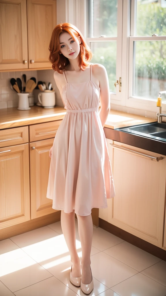 A beautiful woman in kitchen, wearing classic maid dress, pale skin, smooth pale skin, skin tune pink, soft smile face, orange hair, detailed body, full body, super detailed, 8k
