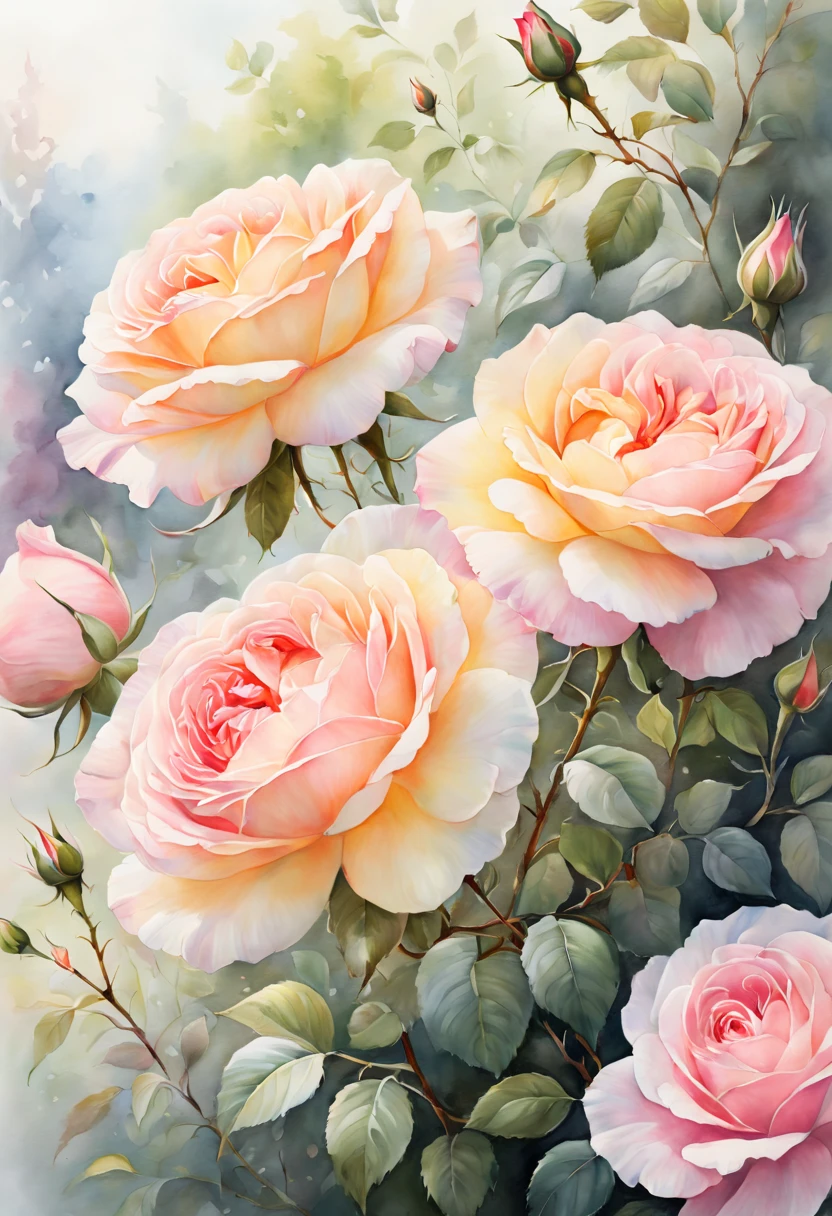 (best quality,4k,8k,highres,masterpiece:1.2),ultra-detailed,realistic,watercolor painting,pastel color,rose flowers,detailed art,soft brushstrokes,vibrant colors,delicate petals,subtle gradients,blossoming garden,romantic atmosphere,beautiful composition,harmonious palette,soft and dreamy,light and airy, ethereal lighting,  peaceful and tranquil ambiance