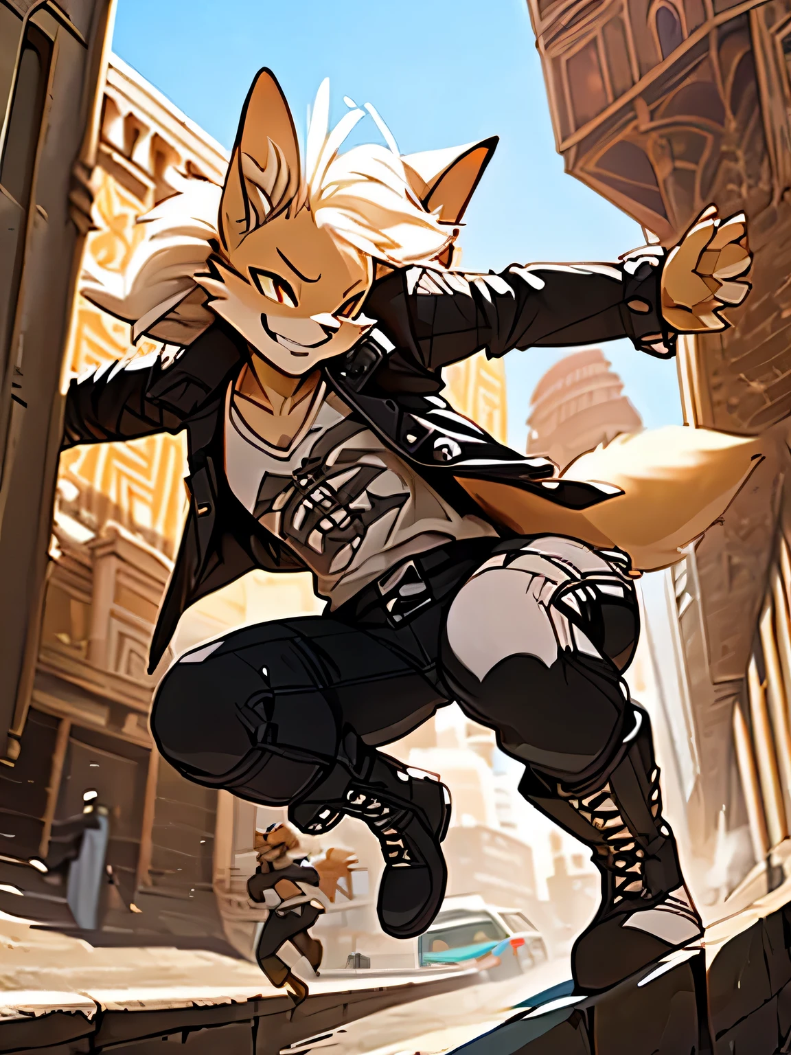 ((female fennec fox)), furry, (rooftop) parkour, running, solo, action, (ruffle shirt), (frilly shirt), long ears, black jeans, biker jacket, steampunk goggles, (windy), crazed, crazy, insane, (morocco architecture), unforgettable moment, furry, niji, lack eyeedium long hair，white hair，hair messy, long black jacket，Roof，City view,buliding, Messy hairstyle, Asymmetrical hairstyle defiance,arrogant face,grin face,exhilarated,Smug face,ridicule,High-top boots,boot, ​masterpiece, 