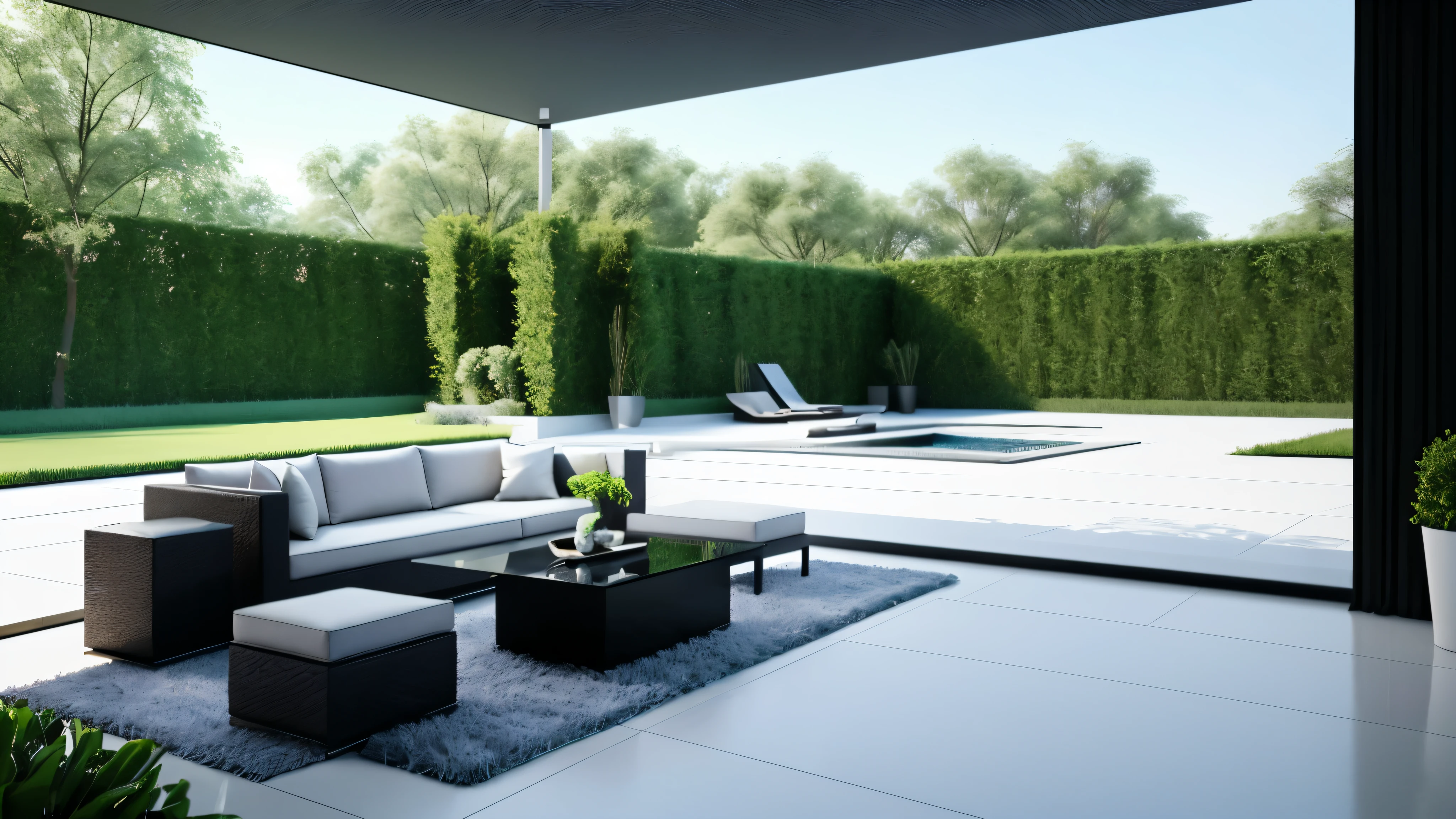 You are a famous interior designer、You have been asked to create a 3D image of a modern large room. Create a harmonious environment with modern and minimalist furniture. Including garden interior.