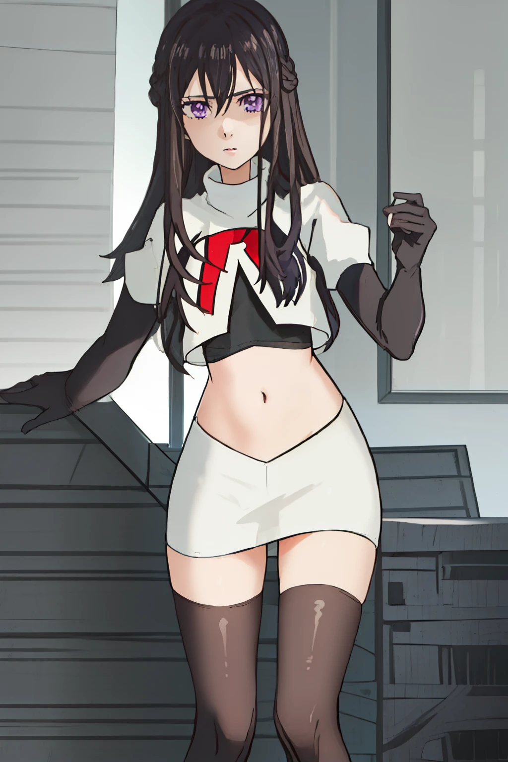 best quality, masterpiece, highres, solo, {aihara_mei_citrus:1.15}, black_hair, long_hair, purple_eyes, hair_between_eyes, 1girl, looking_at_viewer, team rocket,team rocket uniform, red letter R, white skirt,white crop top,black thigh-highs,black elbow gloves