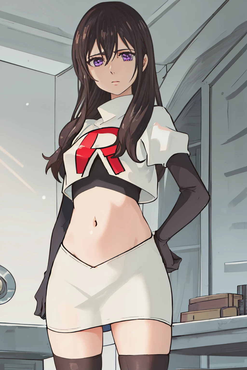 best quality, masterpiece, highres, solo, {aihara_mei_citrus:1.15}, black_hair, long_hair, purple_eyes, hair_between_eyes, 1girl, looking_at_viewer, team rocket,team rocket uniform, red letter R, white skirt,white crop top,black thigh-highs,black elbow gloves