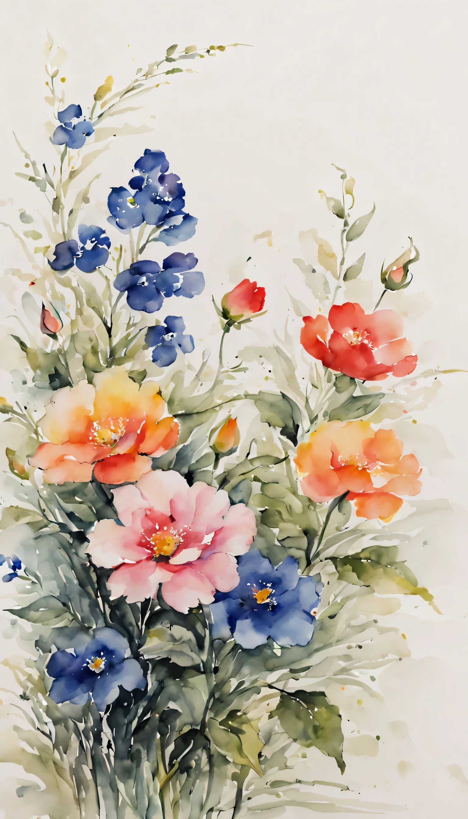 watercolor ink painting, lots of flowers, freehand watercolor brush