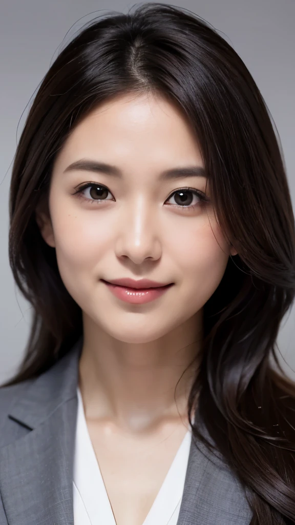 (Highly detailed CG Unity 8K wallpaper,table top, highest quality, super detailed, look at the camera:1.2, light shines on your face:1.5, gray background, professional lighting), 28-year-old woman in Japan, Charming detective assistant, (length:1.2), intellectual facial expressions, shining eyes, slim body shape, Passionate attitude, Sophisticated clothing, Interesting gaze, intellectual, Strong sense of responsibility, Stylish appearance, confident smile, Professional atmosphere, Dark brown hair color, Medium height, あなたがintellectualに感じるようにドレス, Knowledgeable impressions