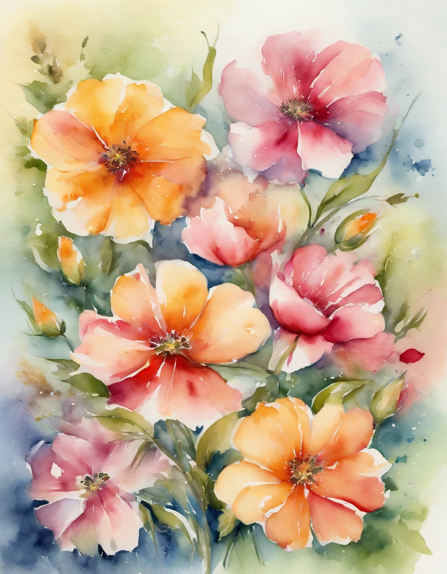 (best quality,4K,8k,high resolution,masterpiece:1.2),super detailed,,Watercolor flowers,The petals are soft and delicate, bright colors, intricate details, Fine strokes, elegant composition, natural flowing shapes, Transparent and translucent effects, organic and elegant form, Realistic watercolor textures