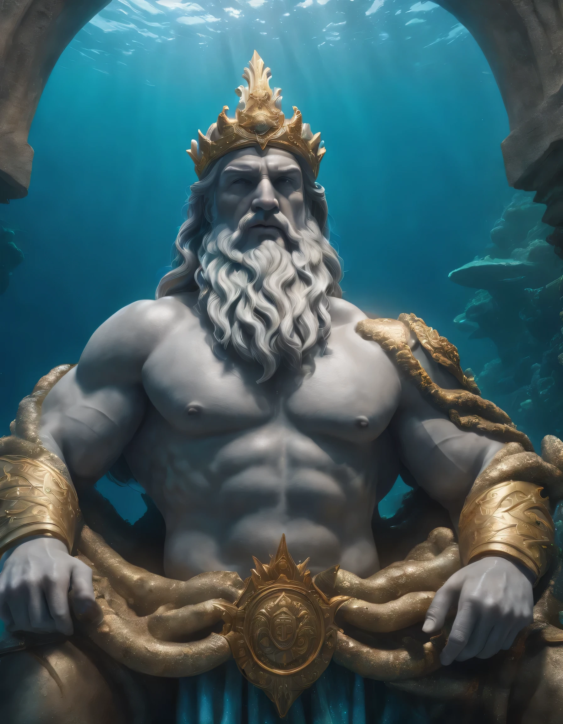 Poseidon sitting in ocean deep, ruler of the ocean, portray his power and authority