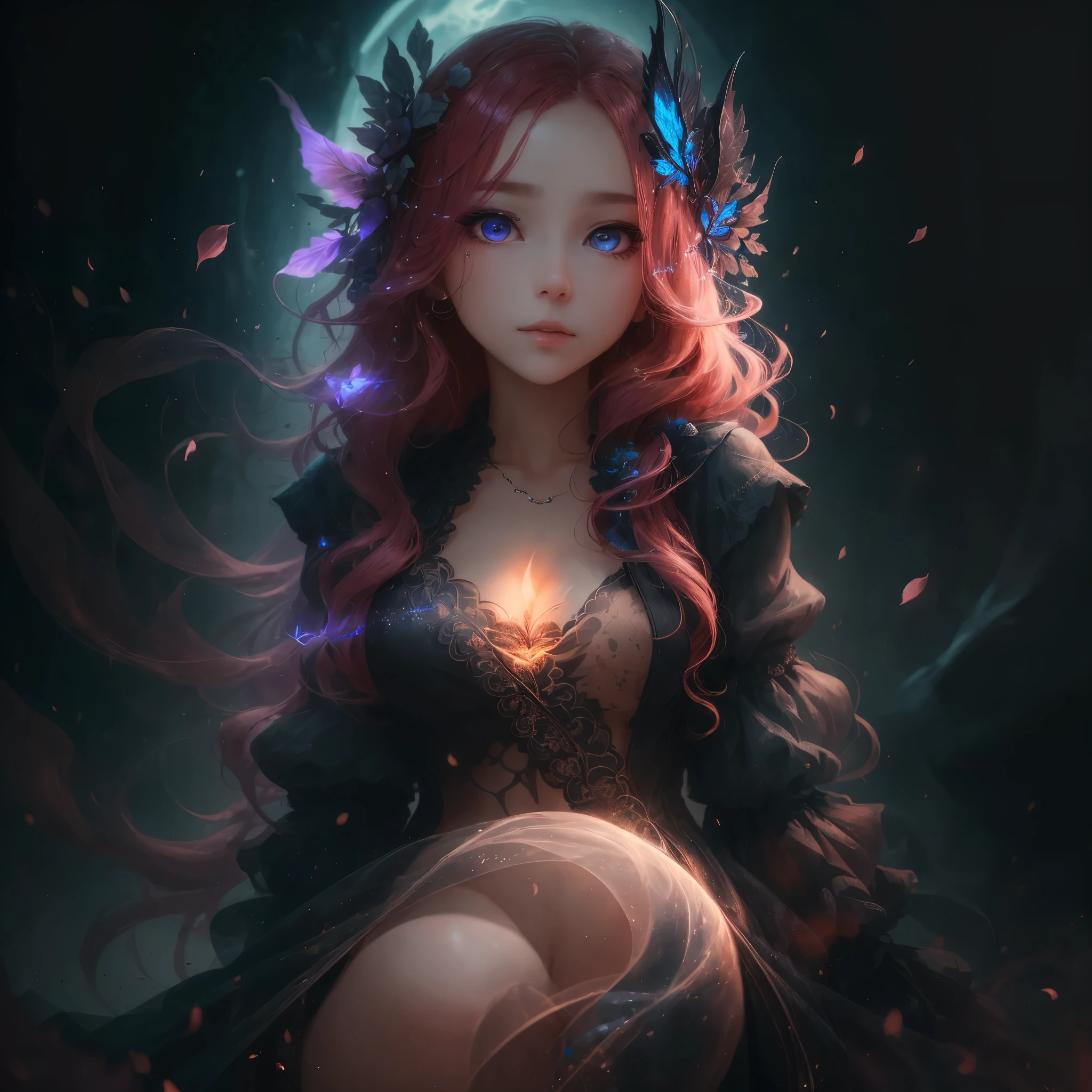 HD 4K 3D Stunning, magic, cinematic potrait of gothic nymph, long, curly redhead hair, purple light, sunstrails, perfect female beauty, intricate, pale traslucent skin, magic, rich black dress, ethereal, stunning, gorgeous body, gorgeous eyes  --auto --s2