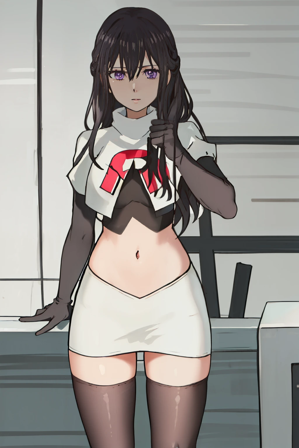 best quality, masterpiece, highres, solo, {aihara_mei_citrus:1.15}, black_hair, long_hair, purple_eyes, hair_between_eyes, 1girl, looking_at_viewer, team rocket,team rocket uniform, red letter R, white skirt,white crop top,black thigh-highs,black elbow gloves