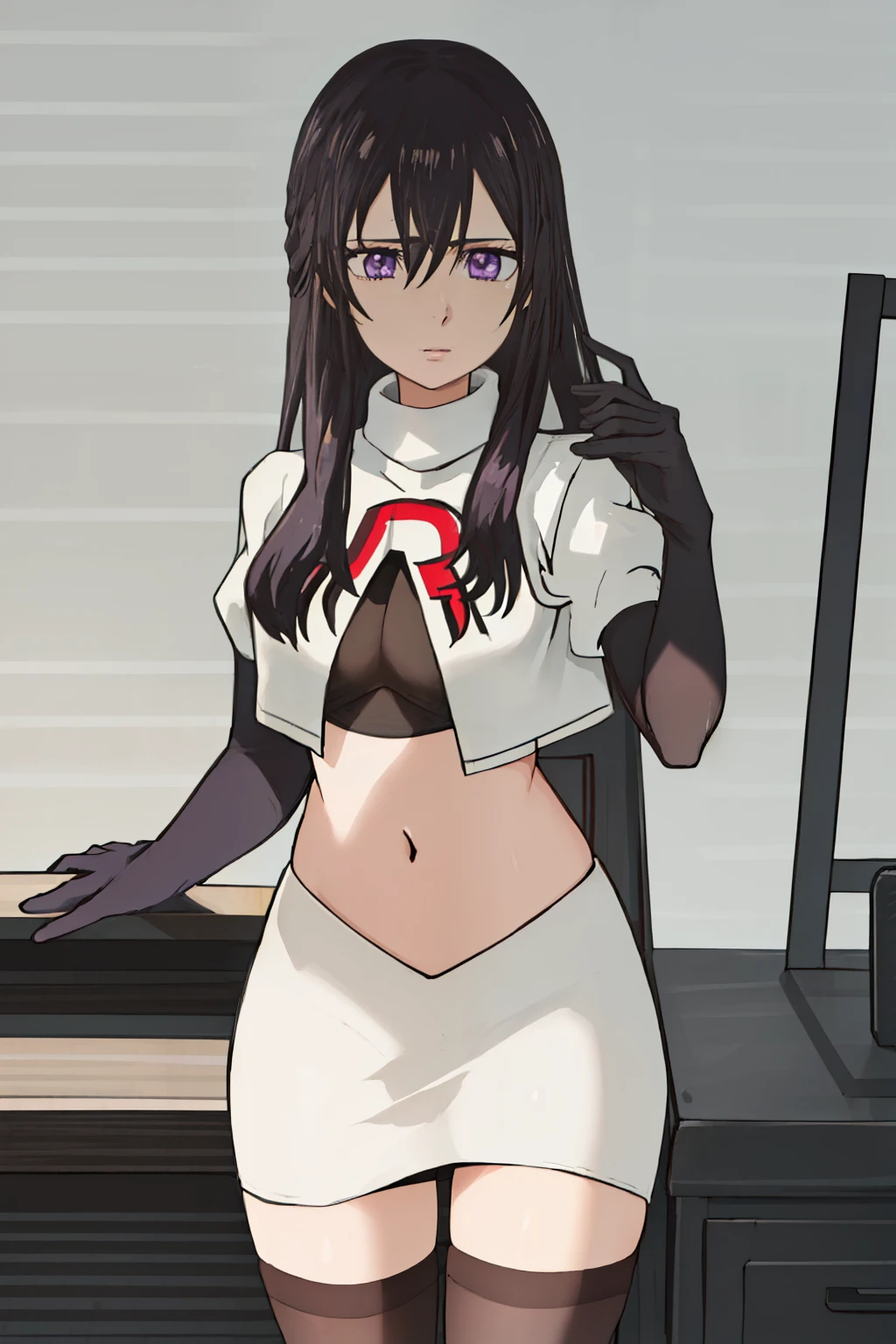 best quality, masterpiece, highres, solo, {aihara_mei_citrus:1.15}, black_hair, long_hair, purple_eyes, hair_between_eyes, 1girl, looking_at_viewer, team rocket,team rocket uniform, red letter R, white skirt,white crop top,black thigh-highs,black elbow gloves