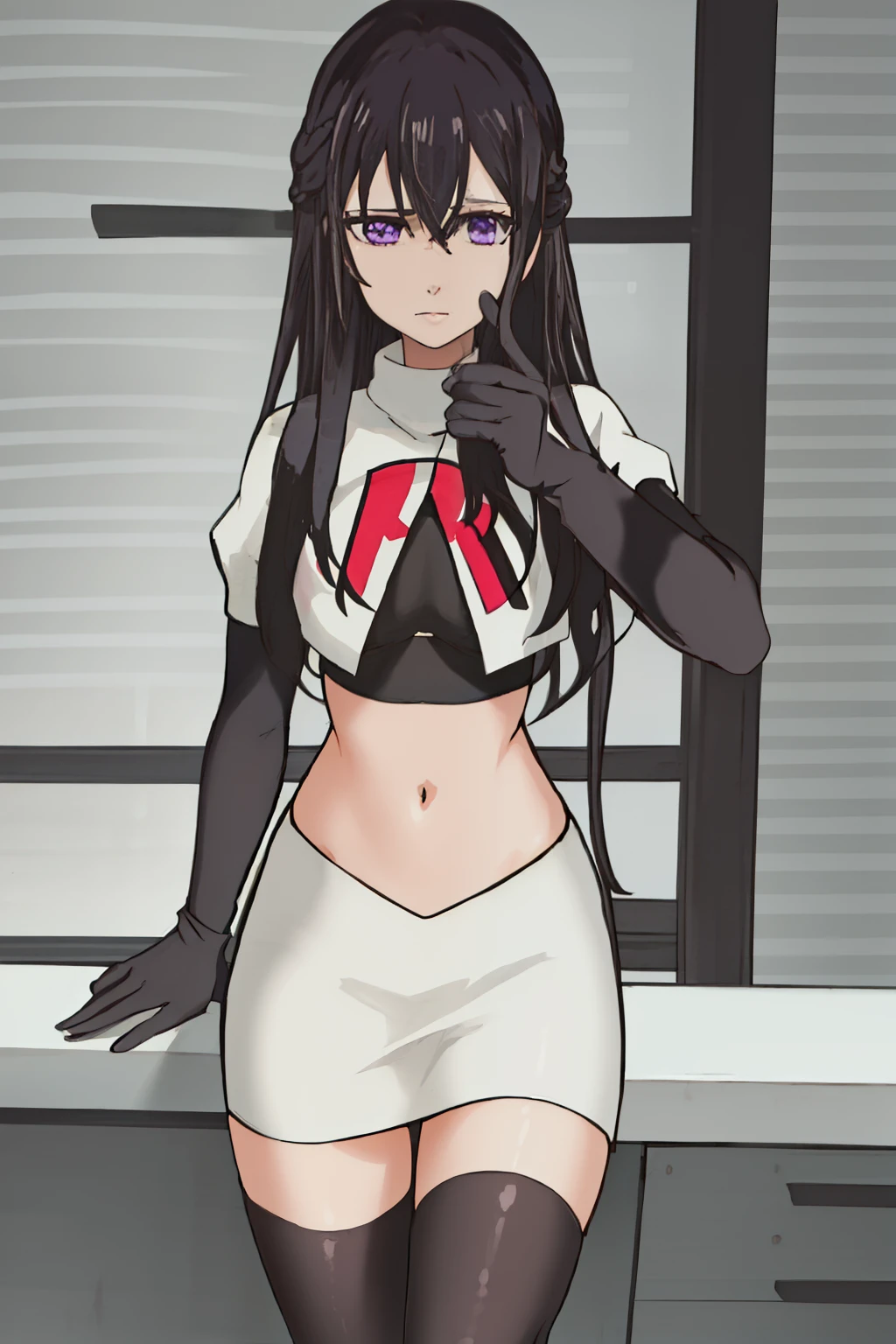 best quality, masterpiece, highres, solo, {aihara_mei_citrus:1.15}, black_hair, long_hair, purple_eyes, hair_between_eyes, 1girl, looking_at_viewer, team rocket,team rocket uniform, red letter R, white skirt,white crop top,black thigh-highs,black elbow gloves