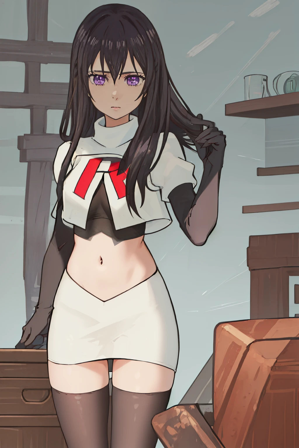 best quality, masterpiece, highres, solo, {aihara_mei_citrus:1.15}, black_hair, long_hair, purple_eyes, hair_between_eyes, 1girl, looking_at_viewer, team rocket,team rocket uniform, red letter R, white skirt,white crop top,black thigh-highs,black elbow gloves