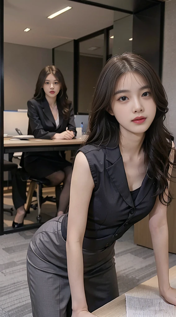 best quality, full body portrait，Exquisite face shape，pretty face，25-year-old woman，fit，Smaller bust，office lady，JK Attire，black，exterior，long hair