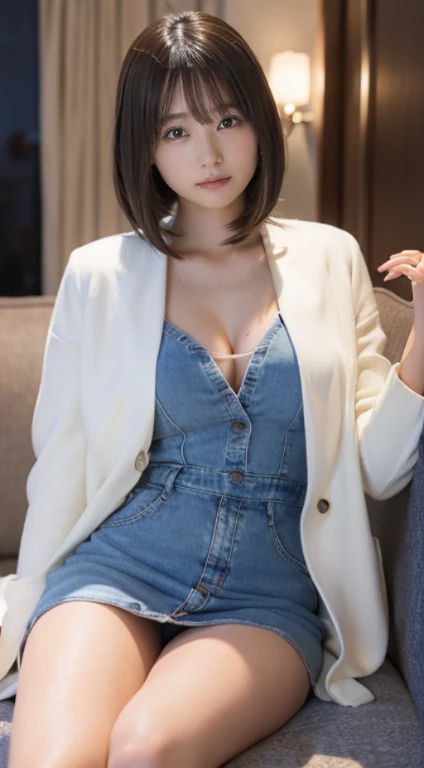 (フォトreal)、(Ultra-high realism)、(The Ultra-High Definition Eyes)、(Ultra high fine mesh)、(increase contrast)、(increase saturation)、 ( girl、small face、Extremely beautiful face, natural makeup)(fair skin)(sparkling eyes) beautiful woman with perfect figure、cute face、、(lifelike face)、short bob、hair behind ears、realな目、natural makeup、beautiful details、(Lifelike skin)、beautiful skin、Charm、Super - high quality、超real、real、Very fine、、bangs)、(outer、white thick short coat)(inner、denim dress、mini length)knee high boots、Cute Idol of Japan、tartan check、) brown hair、(stylish luxury hotel、hole)(Are standing)、beautiful cleavage、beautiful breasts、thin waist、big butt、thin thighs、cross your legs、Legs crossed、full body shot、Bold and exciting pose