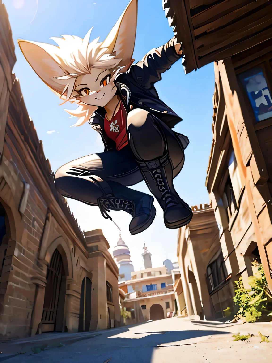 ((female fennec fox)), furry, rooftop parkour, running, solo, action, (ruffle shirt), (frilly shirt), long ears, black jeans, biker jacket, steampunk goggles, (windy), crazed, crazy, insane, morocco architecture, unforgettable moment, furry, niji, lack eyeedium long hair，white hair，hair messy, long black jacket，Roof，City view,buliding, Messy hairstyle, Asymmetrical hairstyle defiance,arrogant face,grin face,exhilarated,crazy,Smug face,ridicule,High-top boots,boot,knifes, ​masterpiece, Ultra HDR, full of details, intricate-detail, Japan Anime Studio, wonderful painting, key visual,Red and black, 1 juvenile, Ruins, Black Gloves