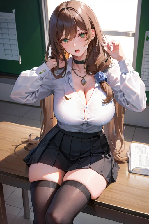 Lisa, genshin impact, 1 girl, alone, ((white shirt)), black Thighhighs, huge breasts, cleavage, uniform, office background, black skirt, pleated skirt, office, hair between eyes, messy hair, large chest, long hair, looking at the viewer, brown hair, red short nails, green eyes, alone, Thighhighs, thick thighs, very long hair, ((masterpiece)), classroom, machine, Chair, board, class board, Teaching,sexy pose,open your mouth