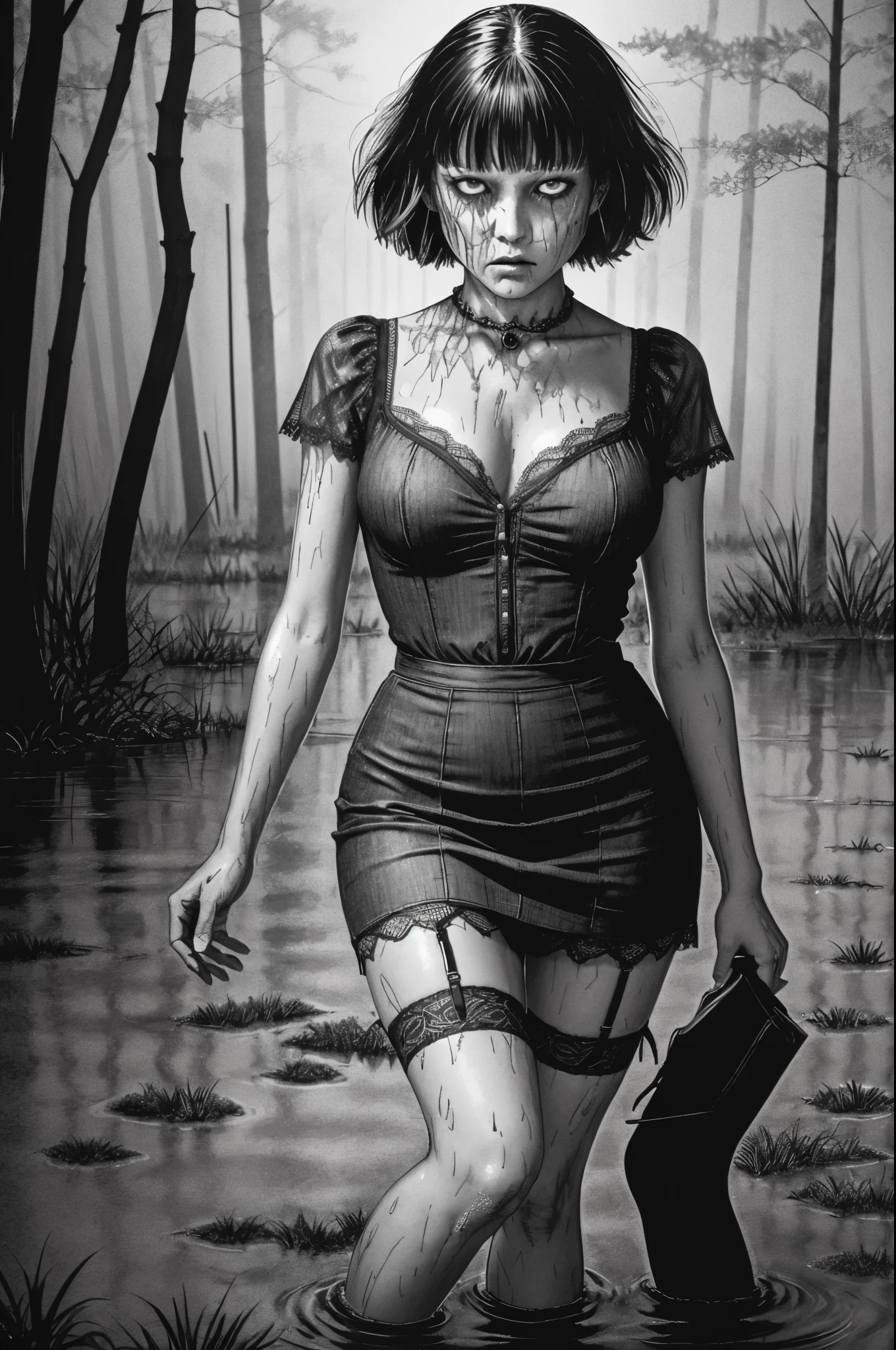 (Best Quality,hight resolution:1.2),Mature Terrorized Woman,,wrinkles,Bob haircut,(jeans skirt:1.05),lace blouse,(lace stockings with garters), standingn, ( drowning in a swamp:1.2),expression of despair,Dark and moody lighting, terror. The pose expresses a somber ecstasy, disgusting, creepy, nightmare, disturbing, by junji ito