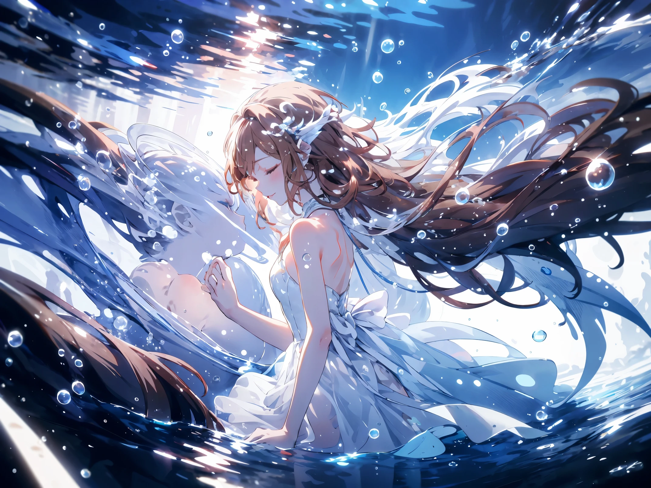 an artwork of a woman in white dress and flowing white hair under water, 1girl, dress, underwater, solo, long hair, closed eyes, brown hair, air bubble, barefoot, bubble