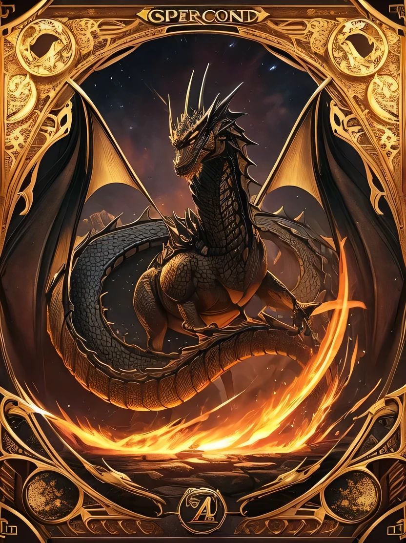 ((masterpiece、highest quality、Super detailed、High resolution、realistic、sharp focus、cinematic lighting))、((there are no humans、black dragon in the cave))、official art、Tarot card illustration、Mucha'Impact of、fractal、Geometric pattern、victorian style frames、Encrusted with seven colored crystals