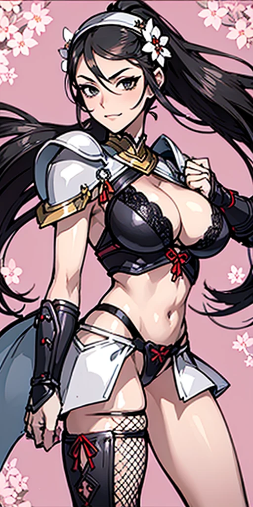 (masterpiece), best quality, expressive eyes, perfect face, ((white and silver armor)), black hair, closed smile, athletic body, slim figure, lace bikini, pelvic curtain, exposed midriff, large breasts, cleavage, ((fishnets)), watercolor, sakura blossom background, dynamic pose